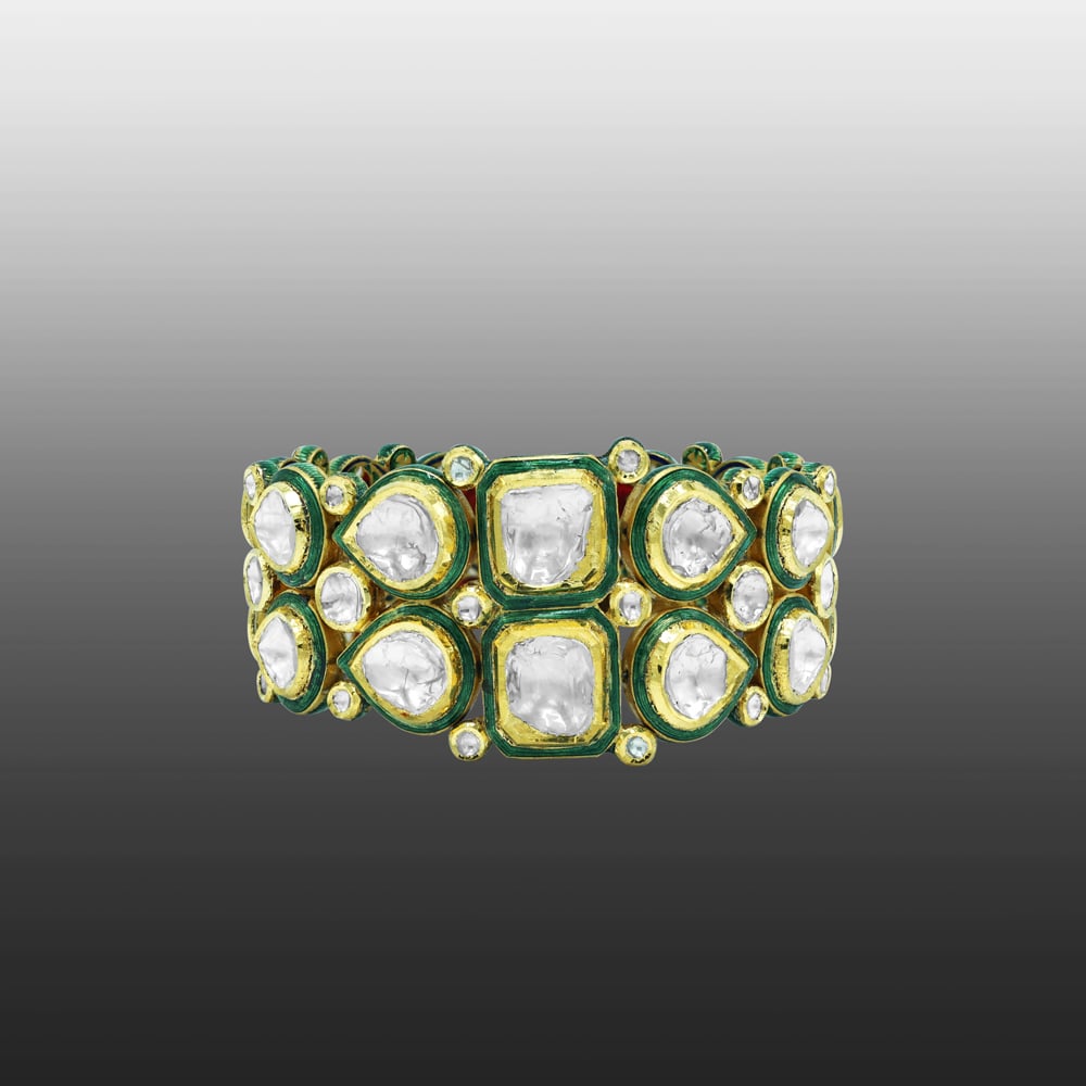 Polki Diamond Bracelet with Green Enamel Teardrop Motifs